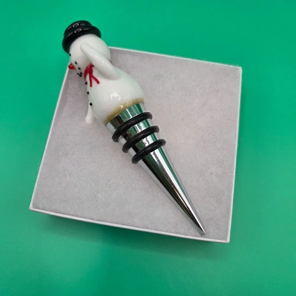 Hallmark Glass Snowman Wine Bottle Stopper Stainless Base Rubber Seal Rings